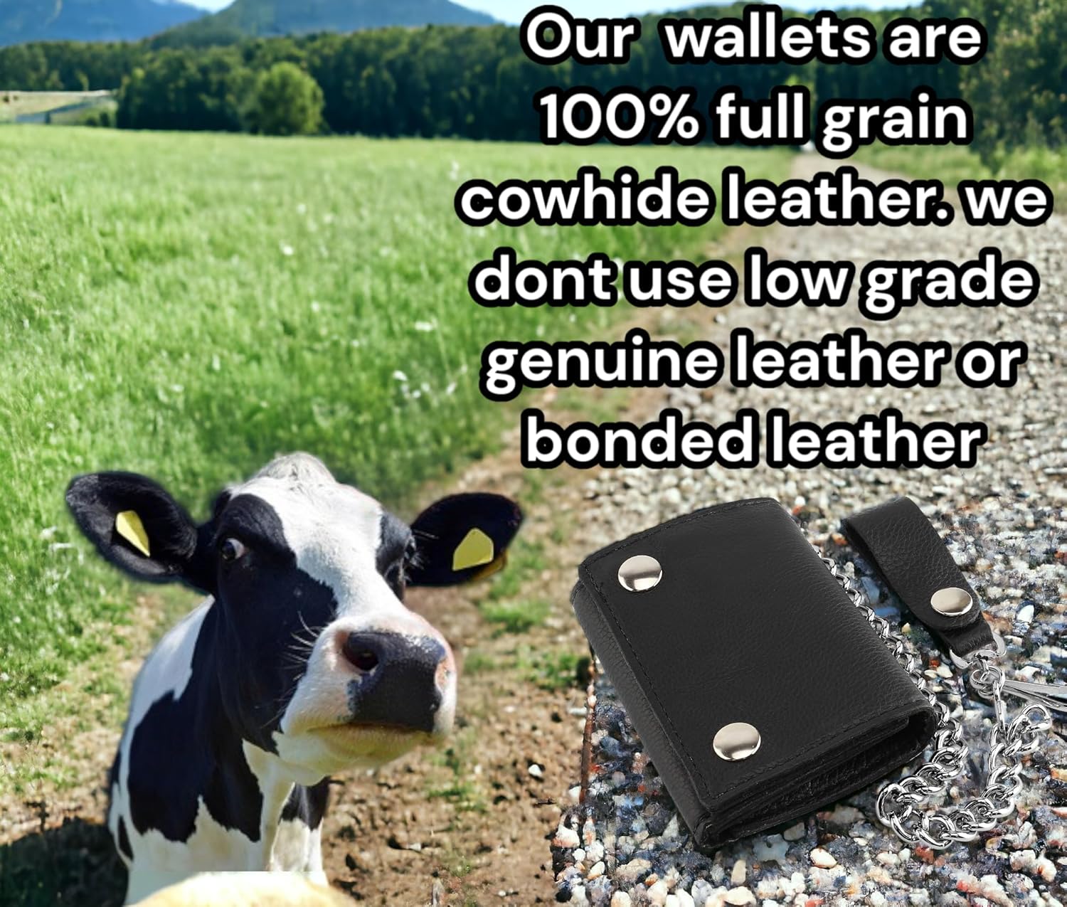 RFID Blocking Men's Tri-fold Vintage Biker Cowhide Leather Steel Chain Wallet,Snap closure, Made In USA,GL315,black
