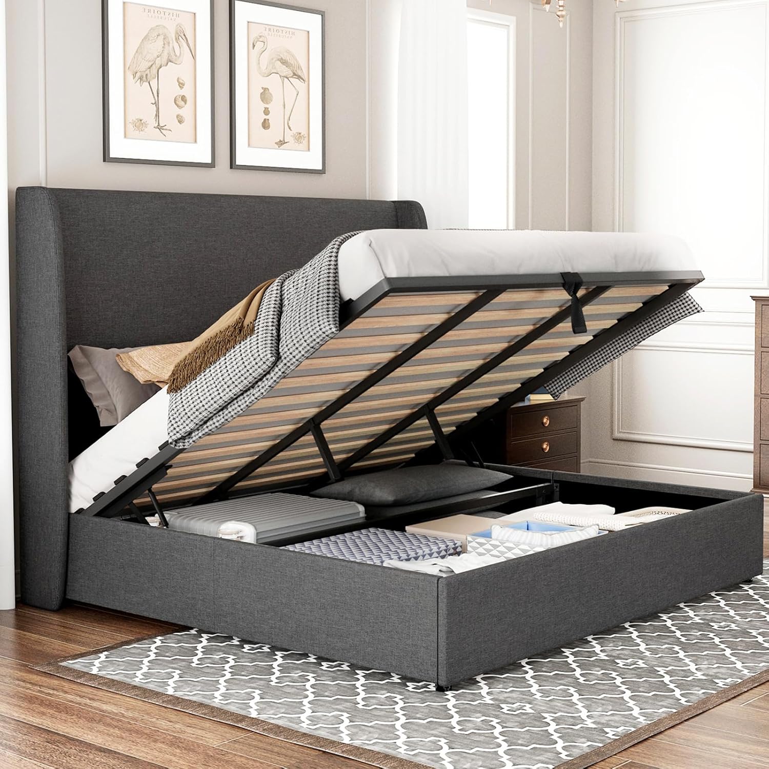 Jocisland King Size Bed Frame Lift Up Storage Bed