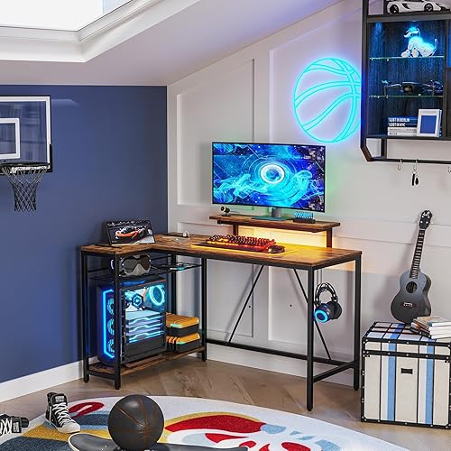 Miniatura 58 de Bestier Escritorio en forma de L de 58 L con tomas de corriente, escritorio esquinero para oficina en casa con estantes reversibles y luces LED,