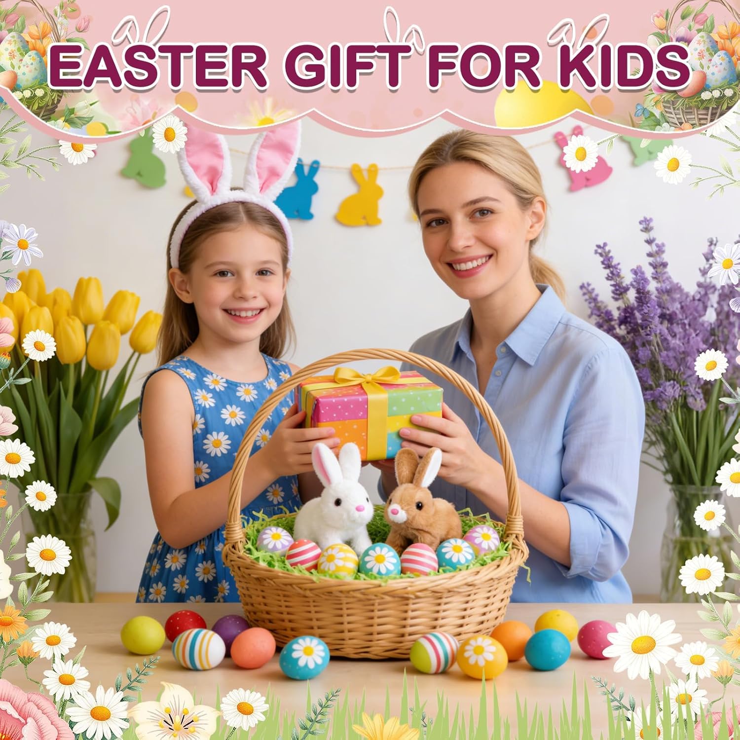 Realistic Bunny Toy, Easter Bunny Plush, Interactive Hopping Bunny Toy with Carrot, Stuffed Bunny with Sounds, Wiggling Ears, Mouth, Nose, Easter Basket Birthday Gift for Kids Girls Boys (White)
