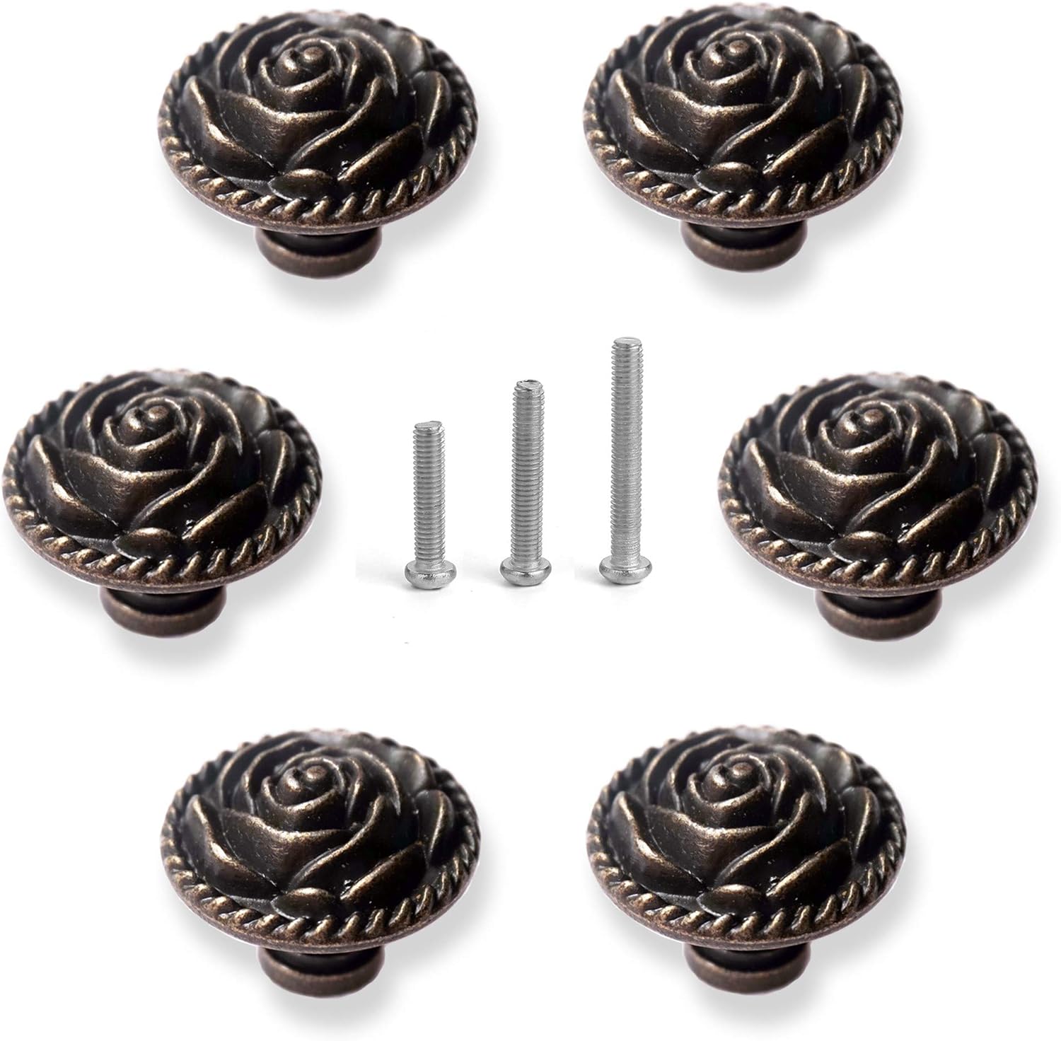 Vintage Rose Cabinet Knobs, Antique Bronze Cupboard Dresser Door Pull Round Zinc Alloy Knob Flower Drawer Handles with 3 Sized Screws for Furniture Kitchen Cupboard Closet Wardrobe (6 Pack)