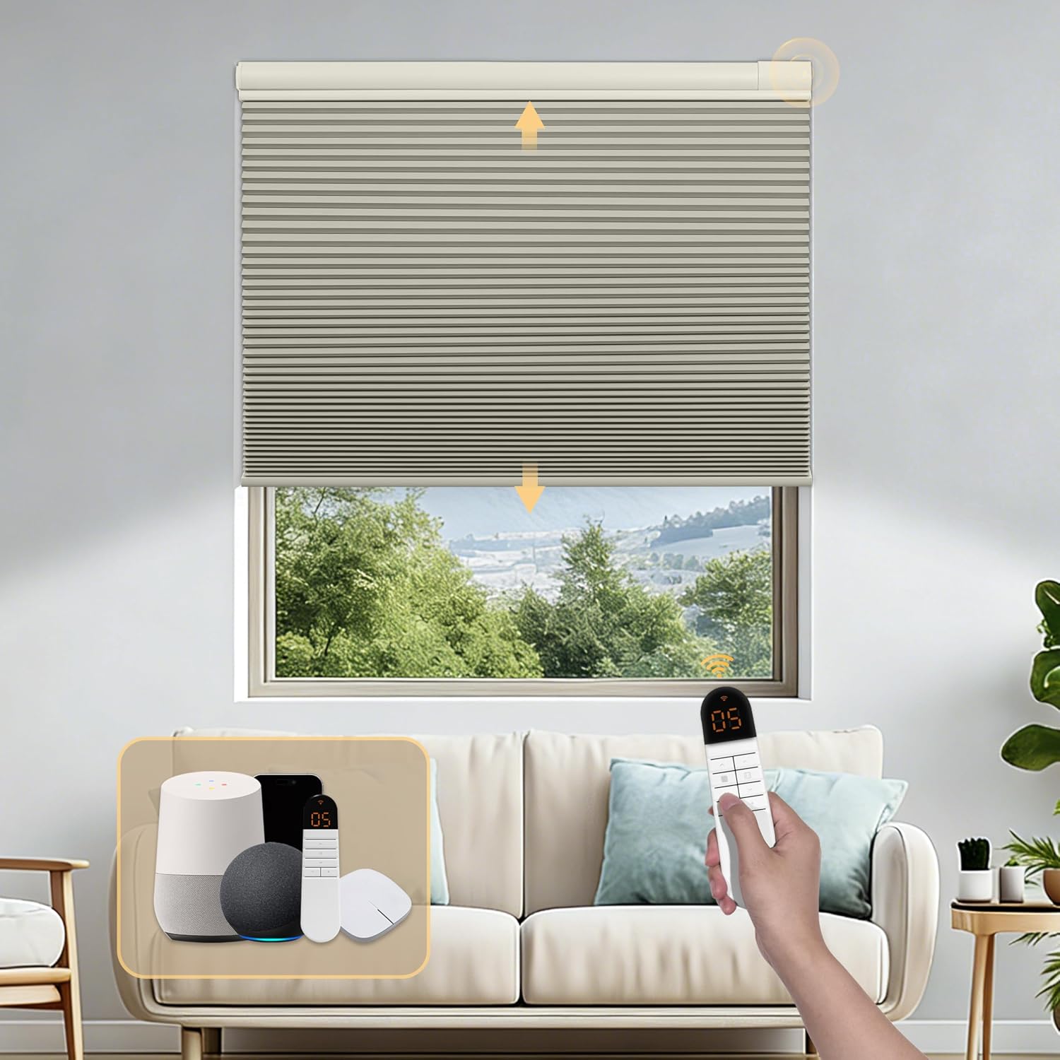 Boolegon No Drill Motorized TDBU Cellular Blinds with Remote,Blackout Beige,Custom Size,Easy to Install Automatic Cellular Shades for Indoor Windows Home,Cordless & Child Safe