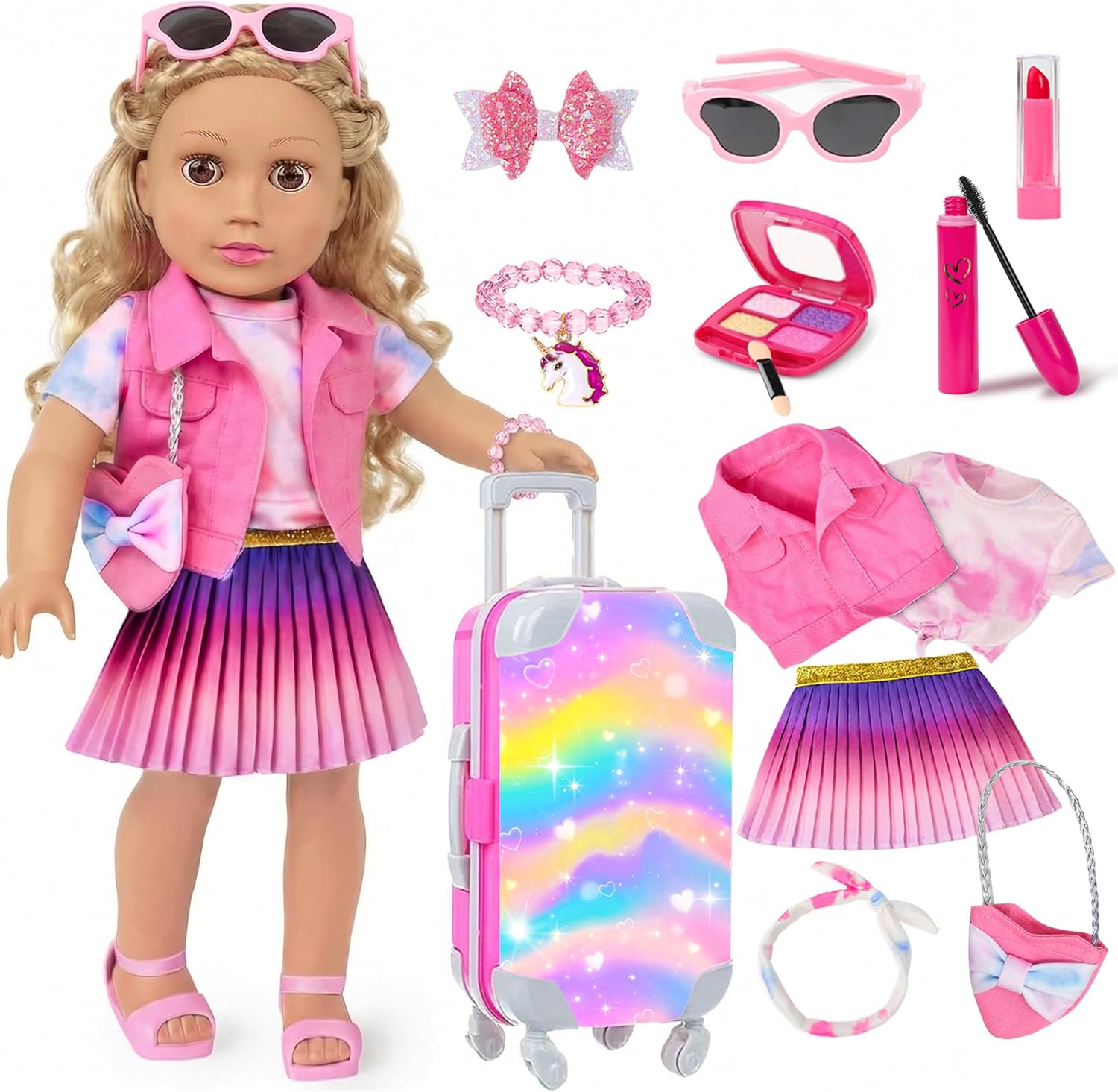 18 Inch Girl Doll Makeup Accessories Set and Clothes, Fit 18 inch Dolls, Suitcase Clothes Bag Hairband Eyeshadow Mascara Brush Lipstick Bracelet Sunglasses Hair Clips (Dolls and Shoes Not Included)