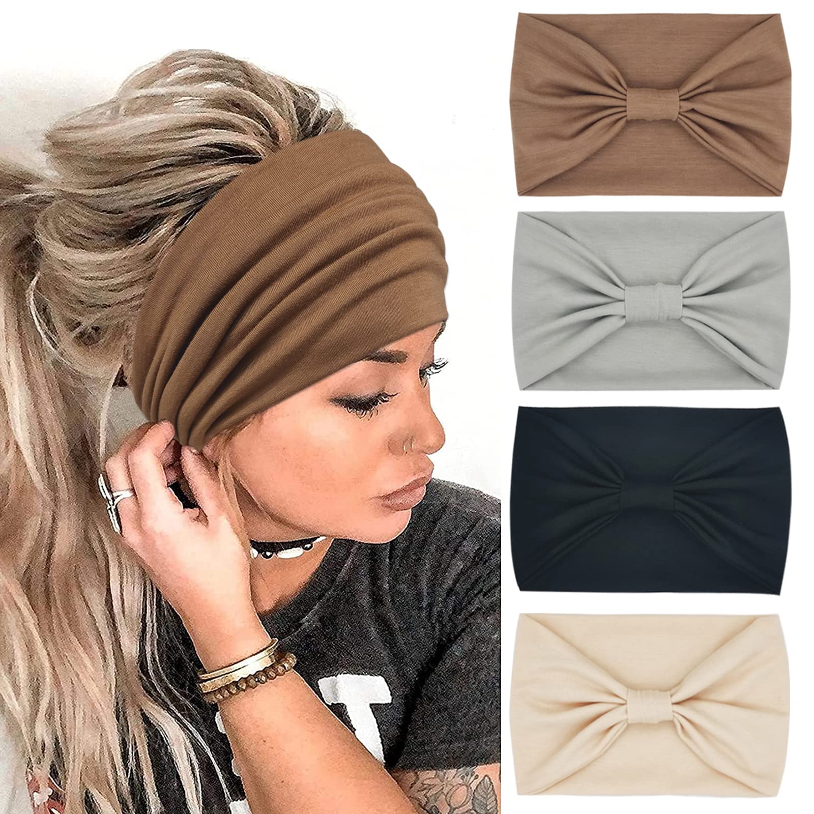 YONUF Wide Boho Headbands for Women Fashion Knotted Headband Yoga Workout Hair Accessories African Head Wrap 4 Pack