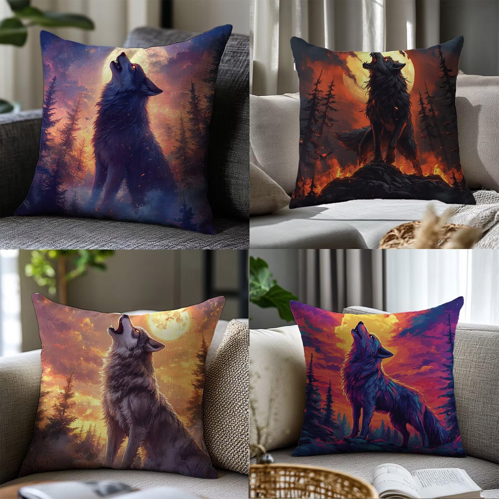 Fundas Cojines Exterior Animal Impermeable Lino Funda de Almohadas Juego de 4 Lobo Funda Cojin 60x60cm Cojin Sofa Decorativo Fundas Cojines para Jardín Exterior Sala Patio Balcón Decoracion JL-159