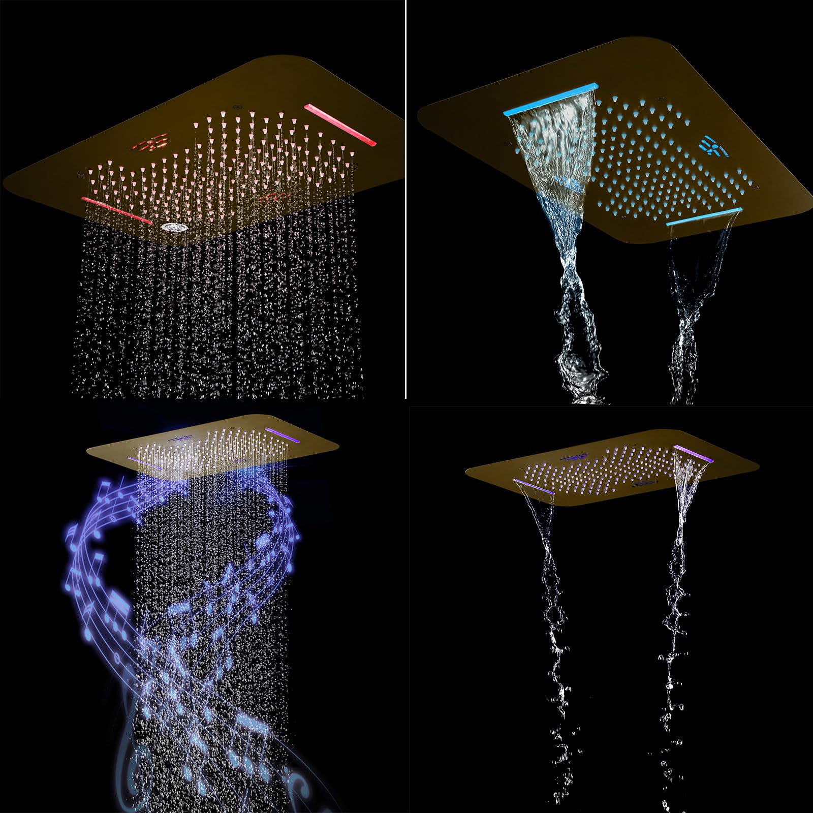 Termostatyczny system prysznicowy, zestaw prysznicowy z muzyką Bluetooth, 58 x 38 cm, system prysznicowy z deszczownicą ręczną, 6 zestawów armatury spa Body Combo