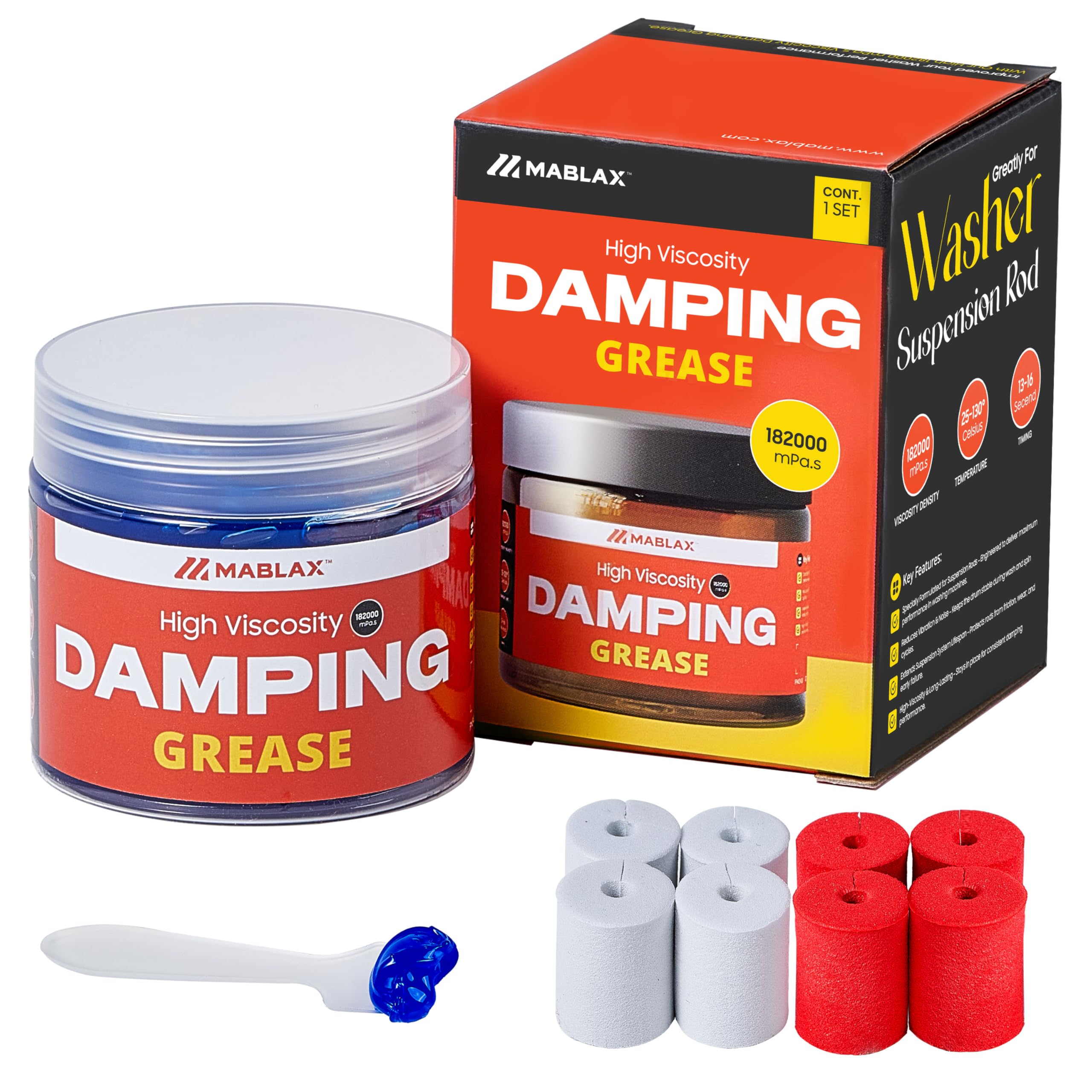 Mablax Damping Grease Kit for Washing Machine Suspension Rods with Foam Inserts | High-Viscosity 35,000 CST Blue 100g Dampening Grease for Toilet Seat
