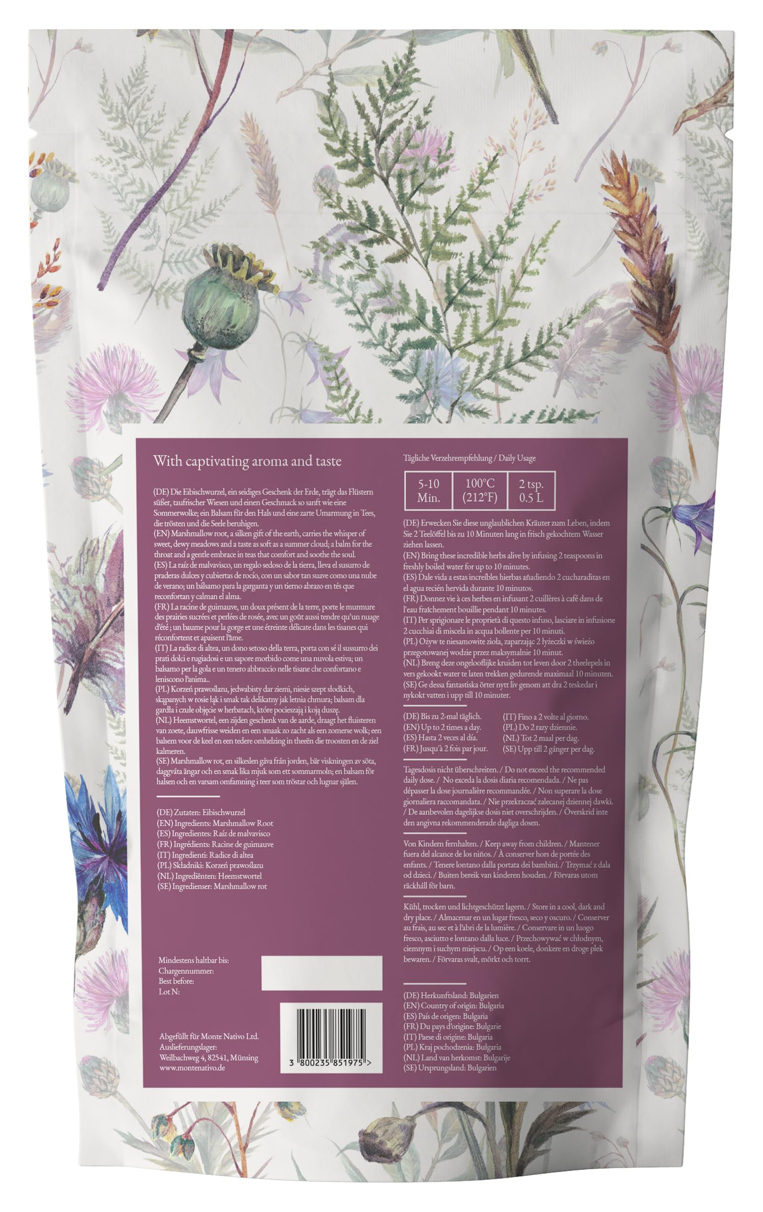 Marshmallow Root Tea Monte Nativo (300 g) – korzeń prawoślazu delikatnie wysuszony – luźna herbata w 100% naturalna i bez dodatków – aromatyczna herbata ziołowa do pysznego naparu