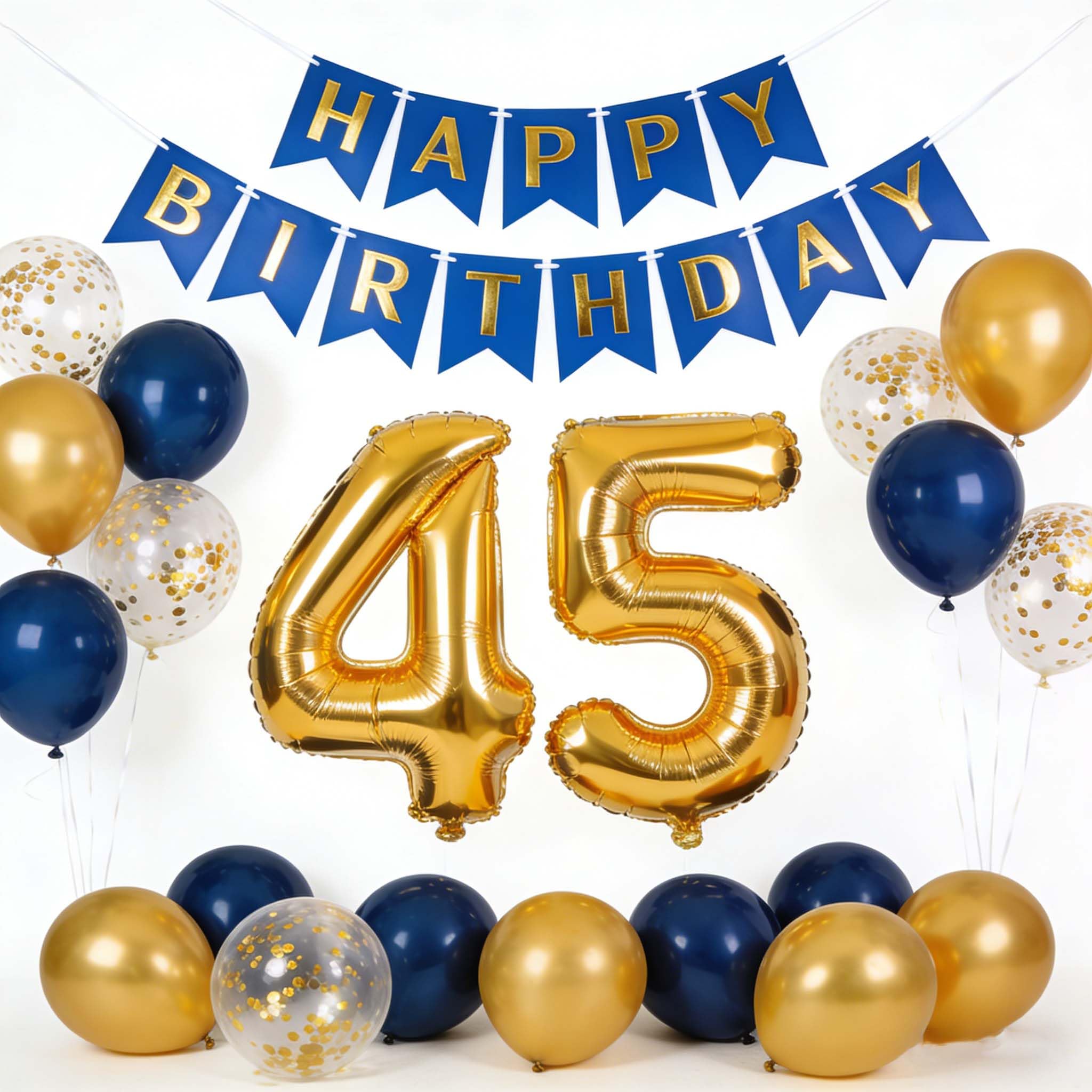 45th Birthday Party Decorations, Navy Blue Metallic Gold 45th Birthday Banner Number 45 Foil Confetti Balloon Party Supplies for 45 Years Old Women Men Husband(45th)