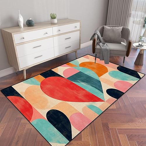 Alfombra romántica abstracta geométrica de corazones, círculos rectangulares, cuadrados, retro, alfombra de patio al aire libre, alfombra de juego