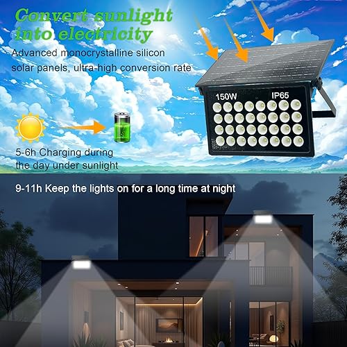 Miniatura 4 de Luces solares de seguridad de 150 W, luces de inundación solares, luces solares impermeables para exteriores, luces de seguridad alimentadas por