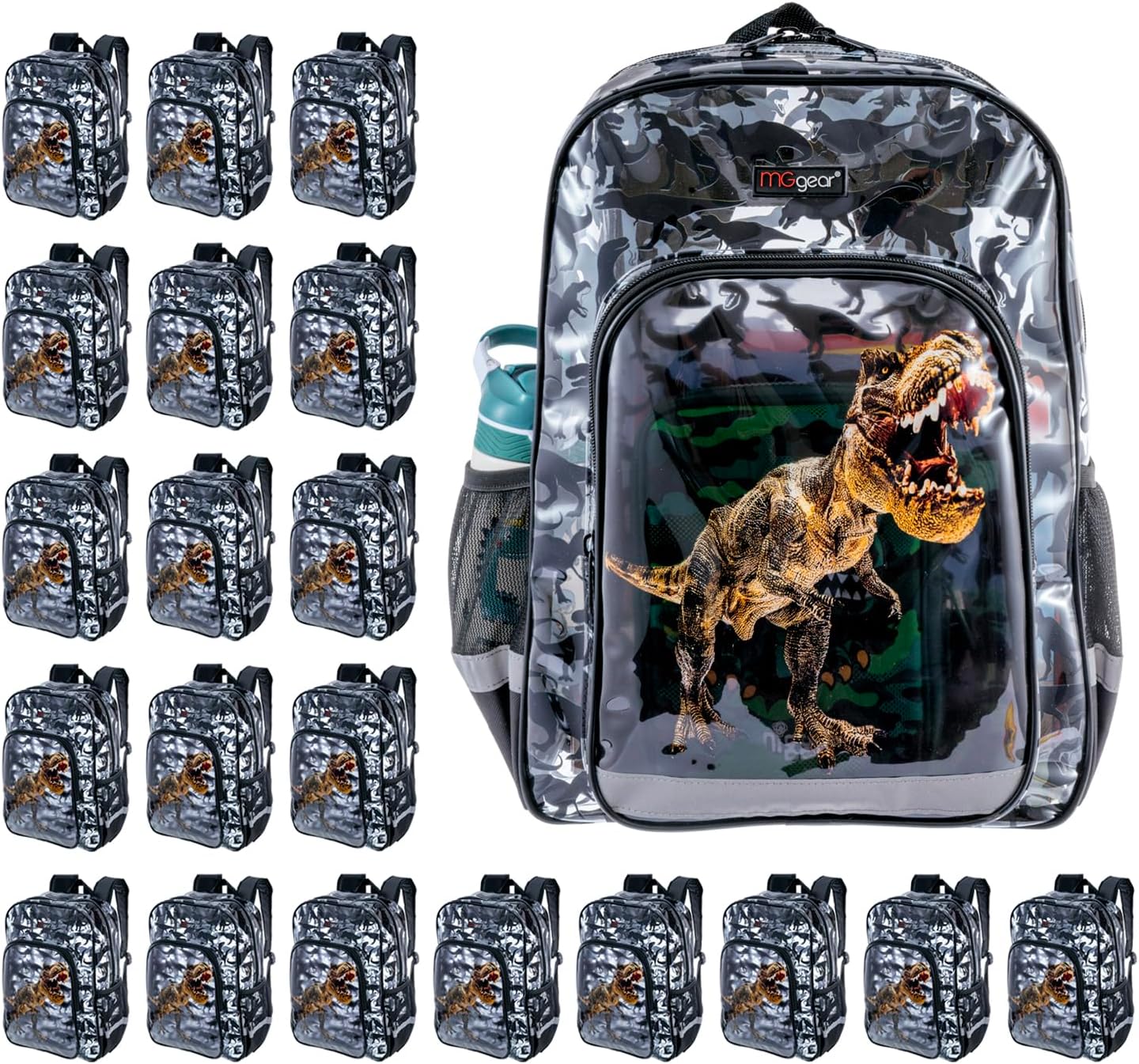 MGgear Wholesale Bulk Case 20-Pack, 16 Inch Clear PVC Kid's Backpack with Tyrannosaurus Rex, Dinosaur Silhouette Pattern, and Black Trim, T-Rex Print Transparent School Youth Book Bag for Children