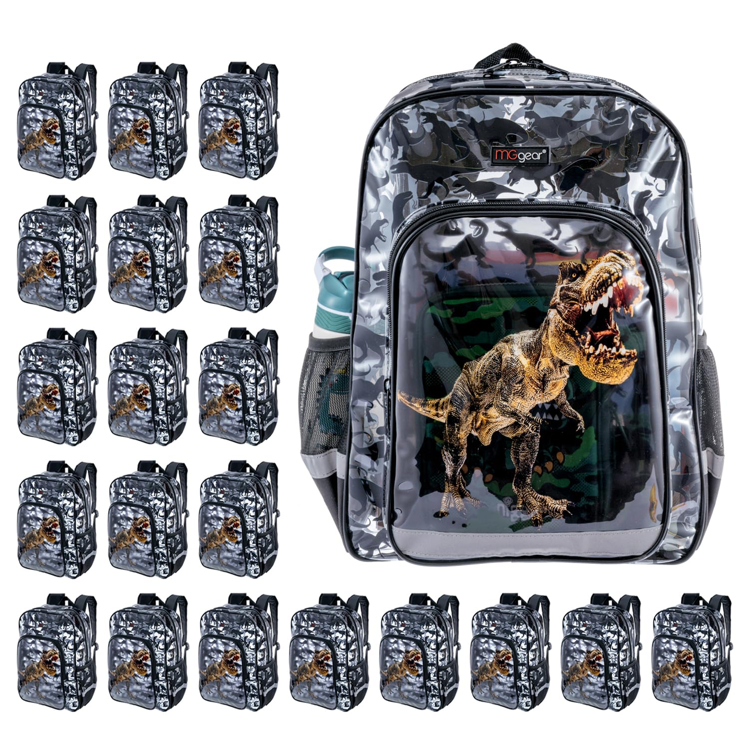 MGgear Wholesale Bulk Case 20-Pack 16 Inch Clear PVC Kids Backpack with Tyrannosaurus Rex Dinosaur Silhouette Pattern and