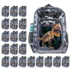 MGgear Wholesale Bulk Case 20-Pack 16 Inch Clear PVC Kids Backpack with Tyrannosaurus Rex Dinosaur Silhouette Pattern and