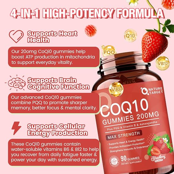 NATURE TARGET CoQ10 Gummies 200mg with PQQ, Strawberry, 90 Count