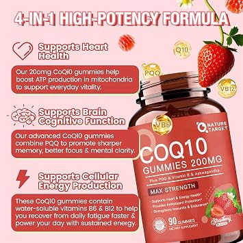 NATURE TARGET CoQ10 Gummies 200mg with PQQ, Strawberry, 90 Count