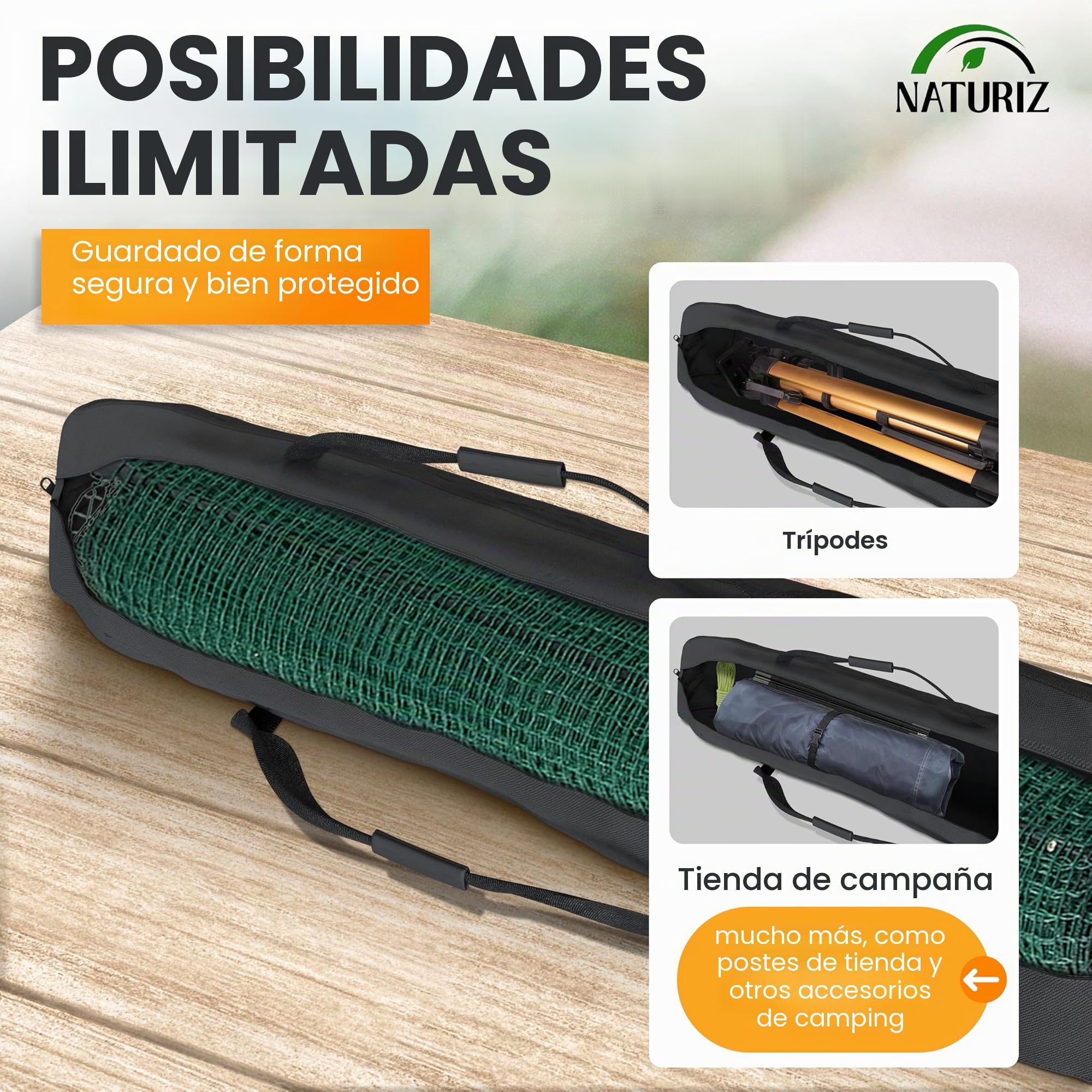 NATURIZ® Bolsa de mimbre de 125 x 20 x 18 cm, versátil como bolsa de camping, bolsa de tienda de campaña o bolsa de varillas con material Oxford 900D, negro (125 x 20 x 18 cm)