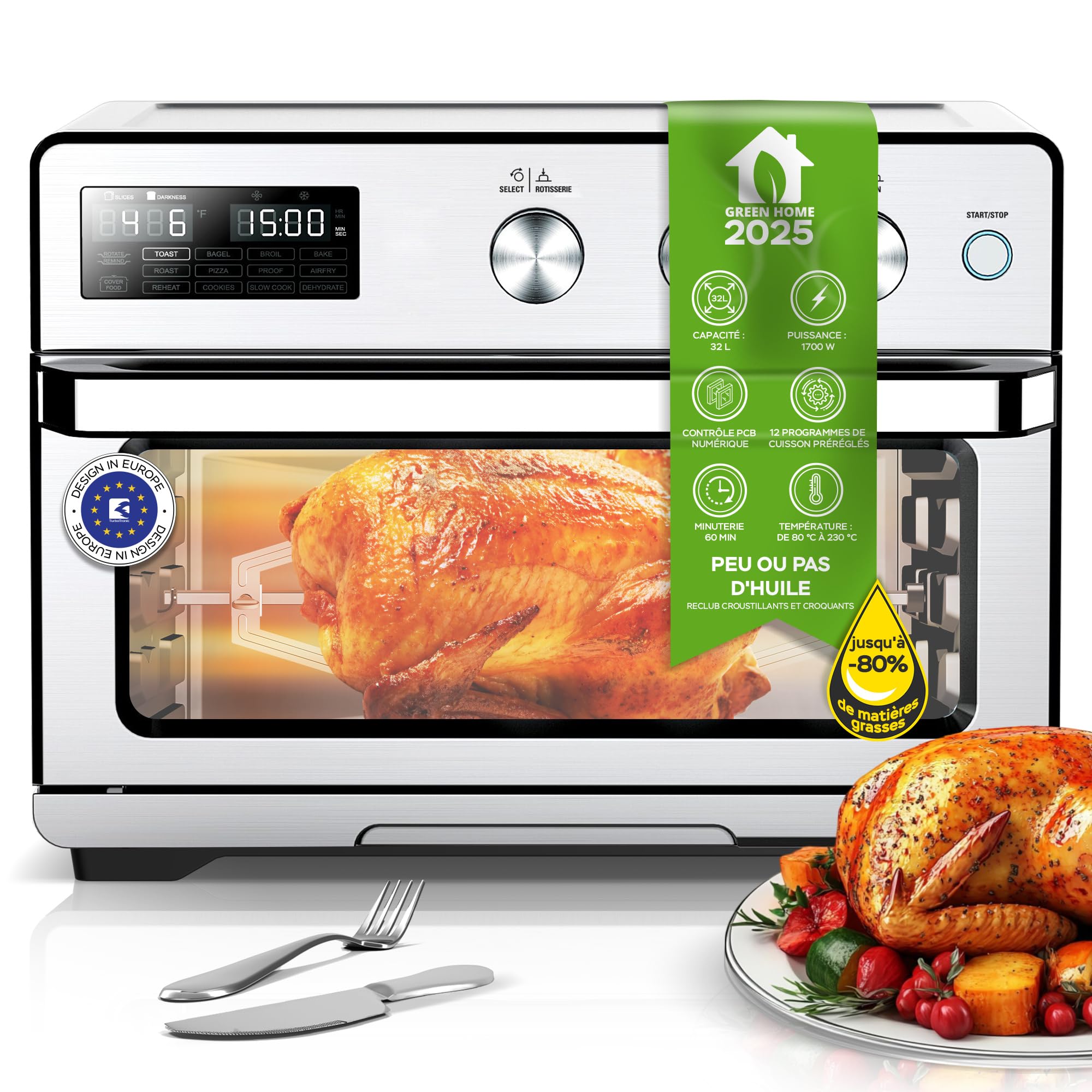TurboTronic Four à Friteuse à Air, Horno de Aire Caliente Digital XXL 32L con Asador, 5 en 1 Mini Horno y Airfryer, Perfecto para Pollo, Deshidratador y Freidora sin Aceite