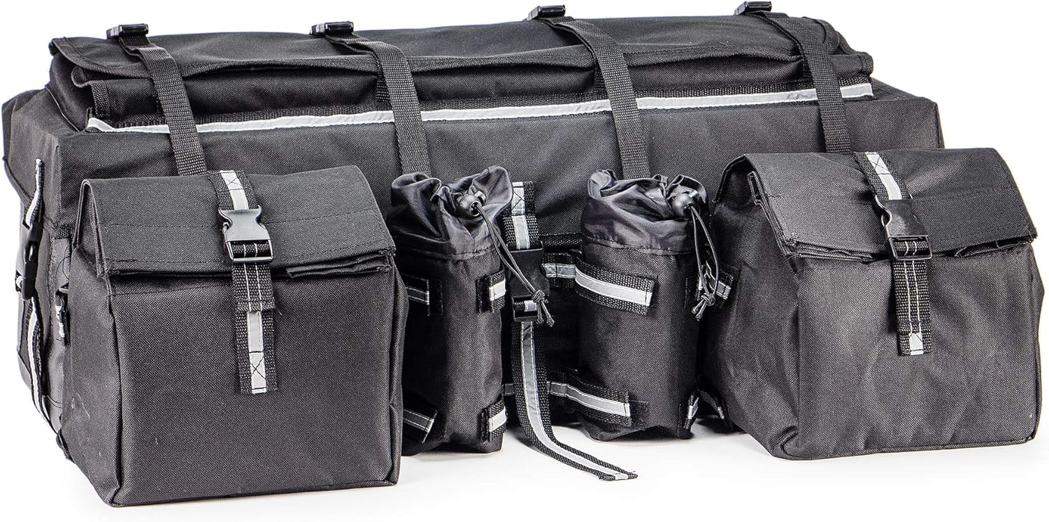 Cargo Bag for ATV Motorcycle Snowmobile Black Weather Resistant Canvas Multiple Pockets Removable Bags Dual Bottle Holders ATVPC