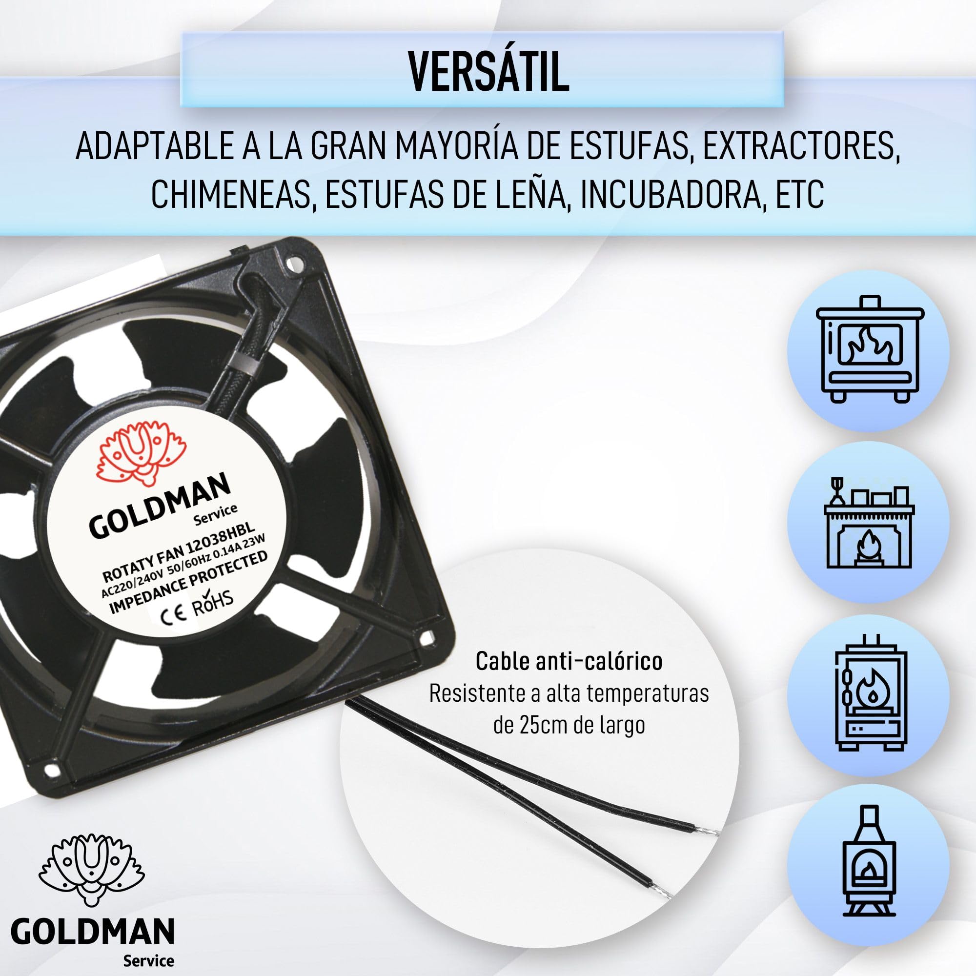 GOLDMAN SERVICE | Ventilador Axial de Alta Temperatura con Rejilla y Filtro para Casette de Chimeneas Insertables | Silencioso con Potentes Aspas Metálicas | Medidas: 120x120x38 mm (23W)