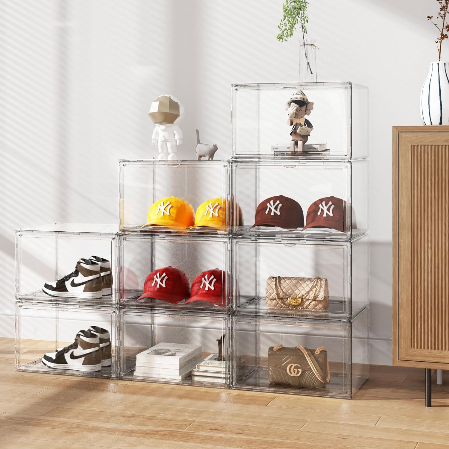 2 Pack Hat Organizer for Baseball Caps, Stackable Hat Storage Box, Acrylic Cap Display Case with Magnetic Door, Cap Holder Container for Closet, Each Holds 10 Hats Clear
