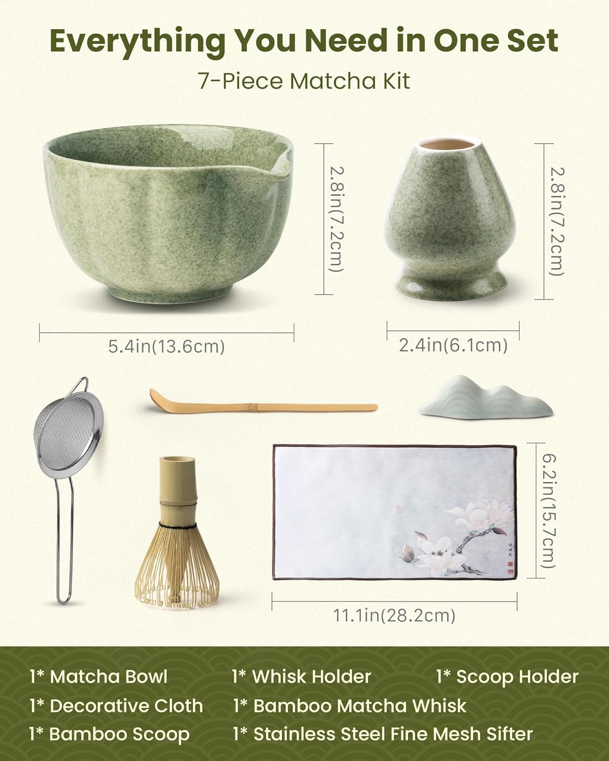 Handcrafted Matcha Kit, 7-Piece Green Tea Set, Includes Ceramic Bowl, Bamboo Whisk, Stainless Steel Sifter, Bamboo Scoop, Whisk Holder & Cotton Towel, Perfect for Tea Ceremony, Green Big Flower