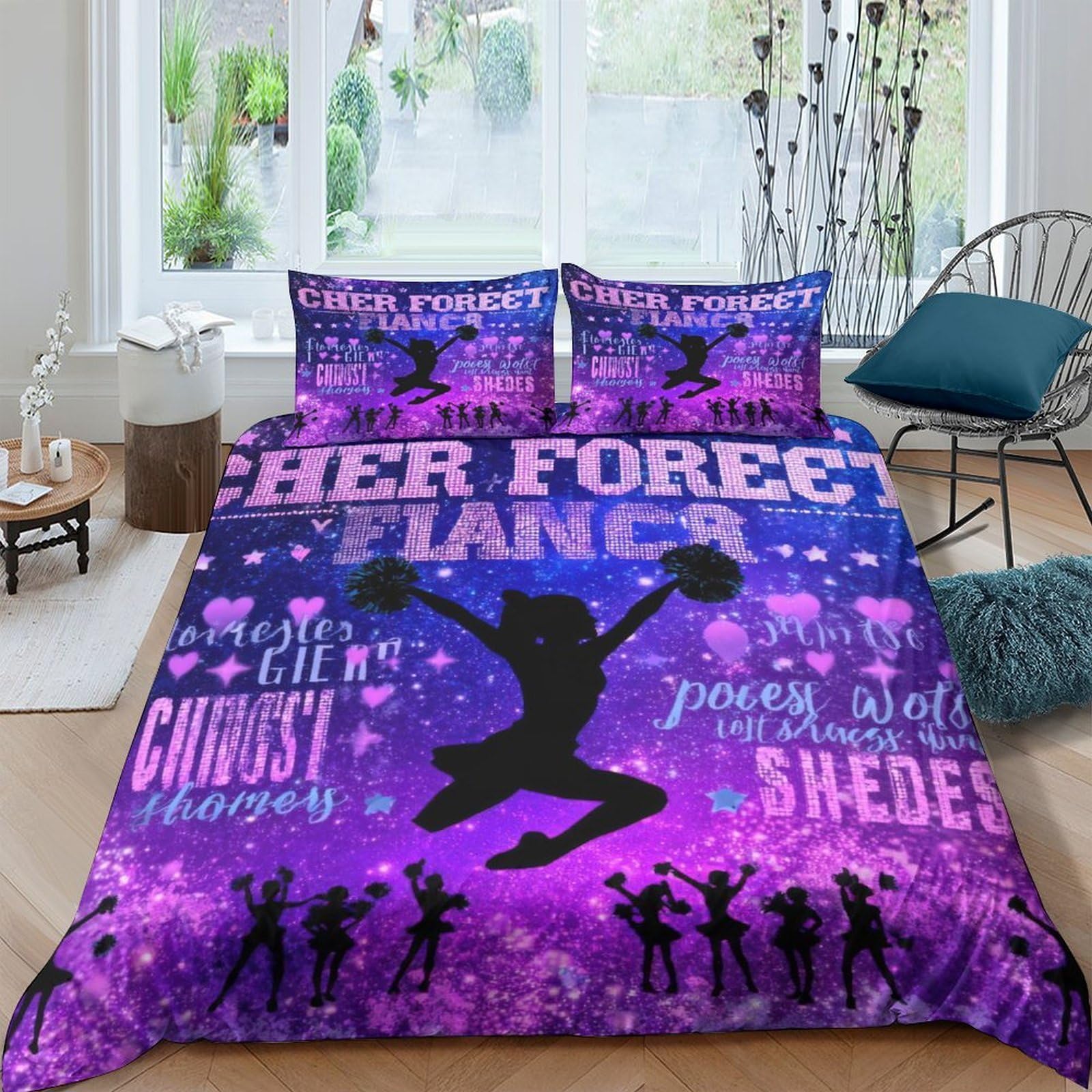 Ctjqhvkz Style-3 3D Printed Cheerleading Silhouette Fitted Sheet Microfiber Purple Stars Bed Cover For Bedroom Dorm Machine Washable Single（135X200cm）