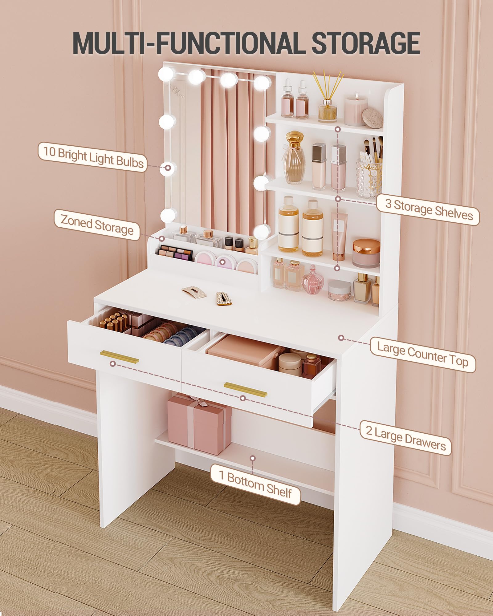 Hzuaneri Toeletta con Lampadina, Tavolo da Trucco, Vanità Per Il Trucco con 4 Ripiani Aperti e 2 Scomparti, Tavolino da Toeletta con 2 Cassetti, Bianco DT39203X