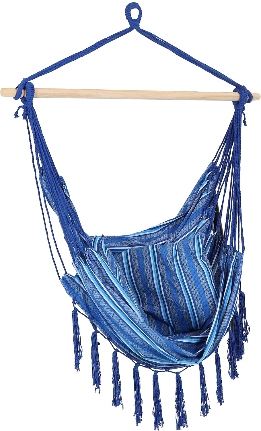 Sunnydaze Indoor or Outdoor Hanging Hammock Chair with Cushions - Fabric with Tassels - 265-Pound Capacity - Cornflower Stripes