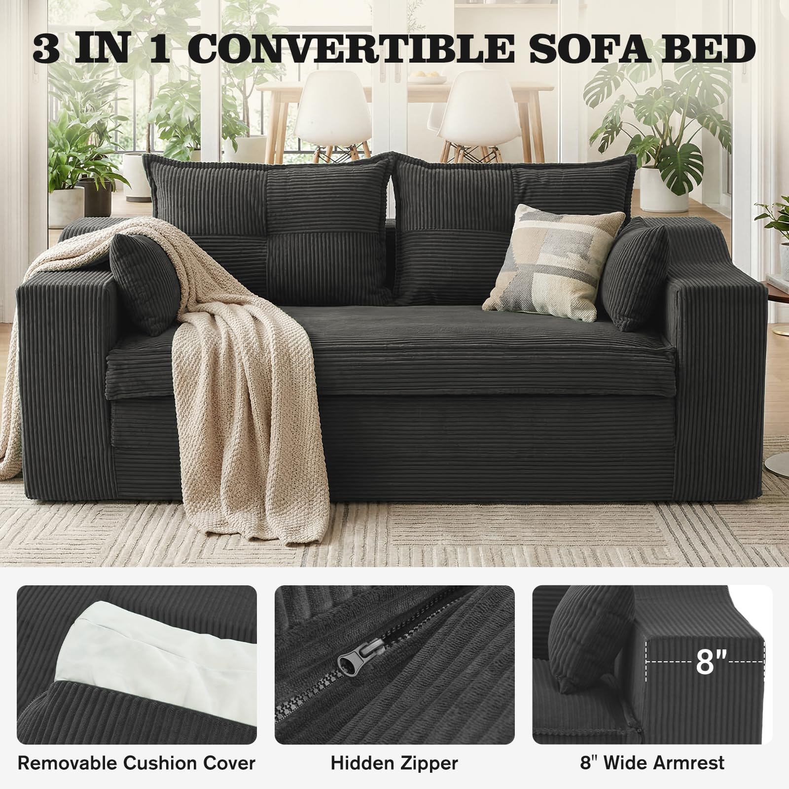 APICIZON Sofá Cama, sofá 2-en-1 sin Estructura, sofá de Suelo con Cojines, sofá de 3 plazas Convertible con función Cama, colchón Plegable (Pana - Gris Oscuro, Ancho 177 cm)