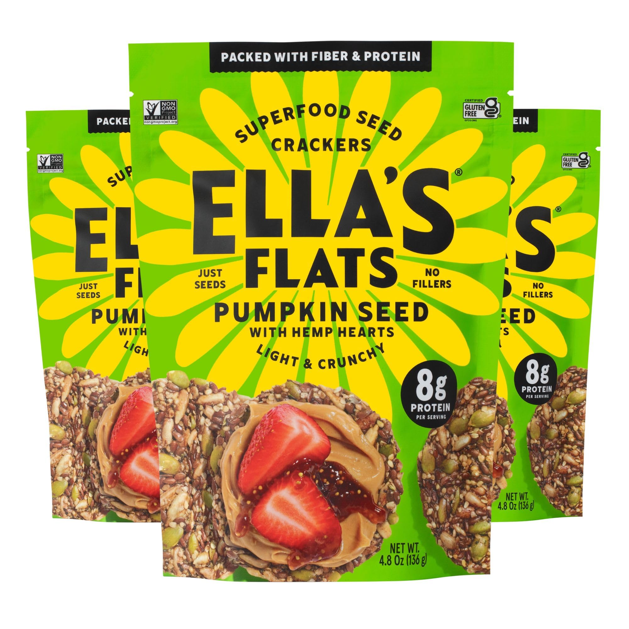 ELLAS FLATS Pumpkin Seed with Hemp Hearts, All Seed Savory Crisps  All Natural, Gluten Free, Good Source of Protein, High Fiber, Vegan and Keto Friendly (3 Pack) Pumpkin Seed with Hemp Hearts 4.8 Ounce (Pack of 3)
