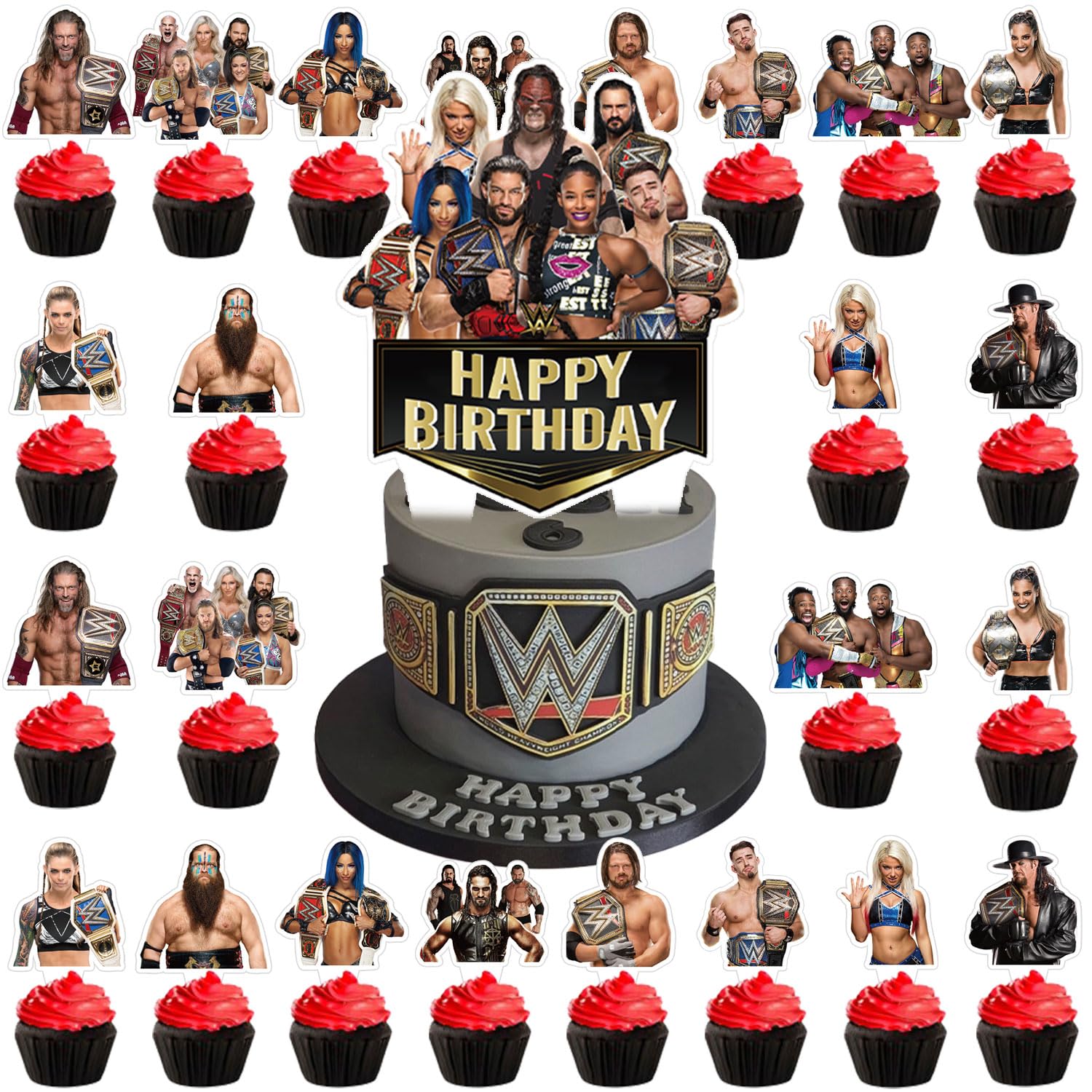 AGnerWrestling Birthday Party Cake Topper 37Pcs Wrestling-Themed Birthday Party Supplies Wrestling Theme Cupcake Decorations for Kids