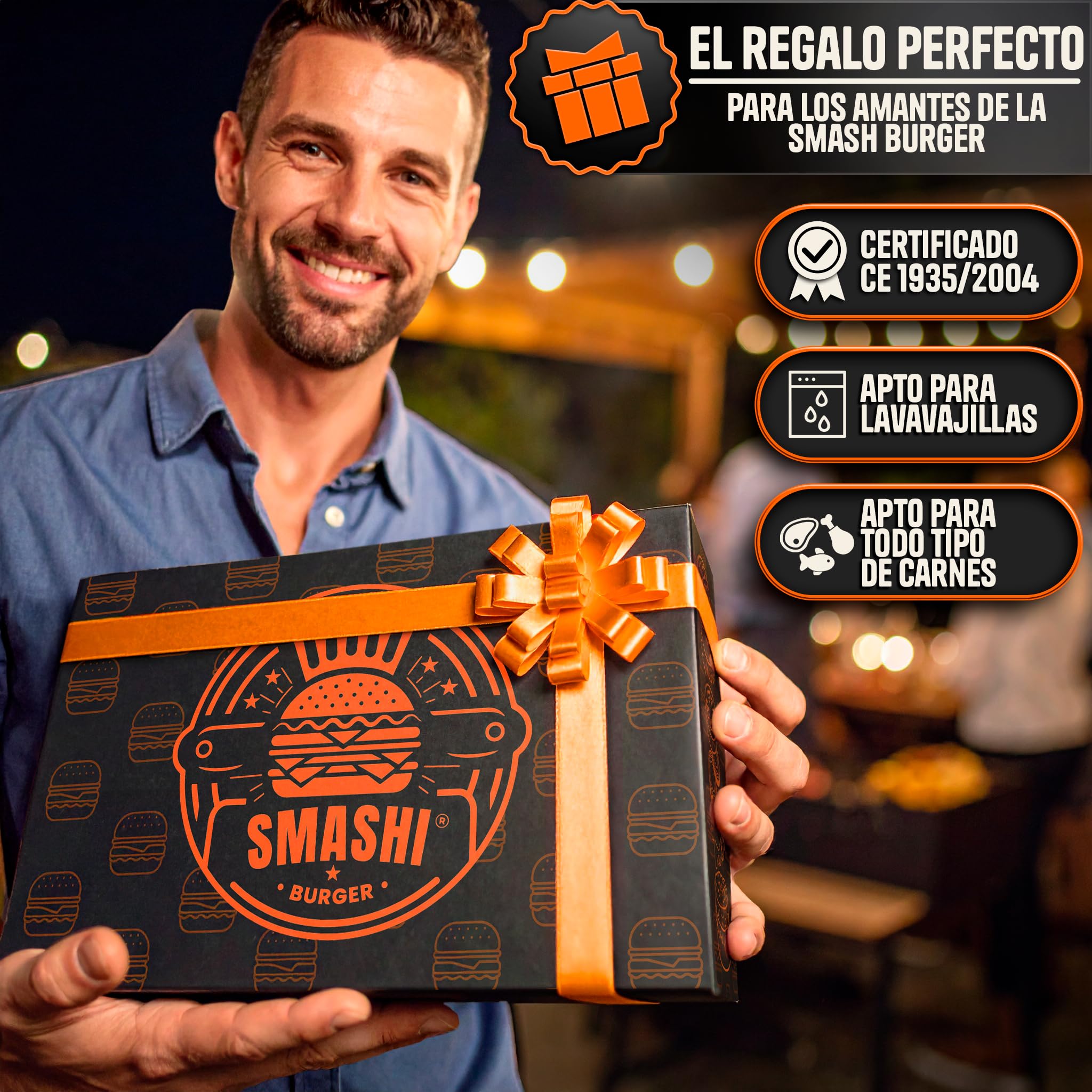 SMASHI® Kit Smash Burger Professionale con Manico Apribottiglie | Acciaio Inox 304 Certificato UE | Pressa Hamburger Antiaderente | Kit Smash Burger Completo (Professionell)