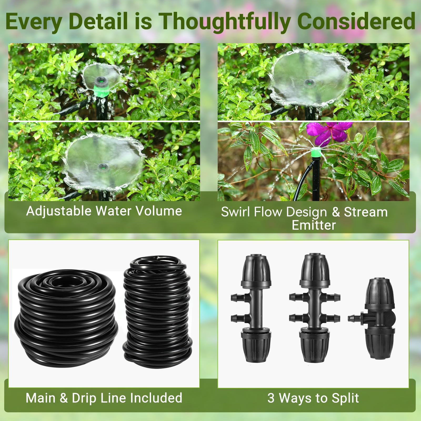 Kit di irrigazione a goccia per giardino, aiuole rialzate, prato, sistema di irrigazione regolabile con emettitori a goccia, tubi da 5/16" e 1/4", raccordi spinati