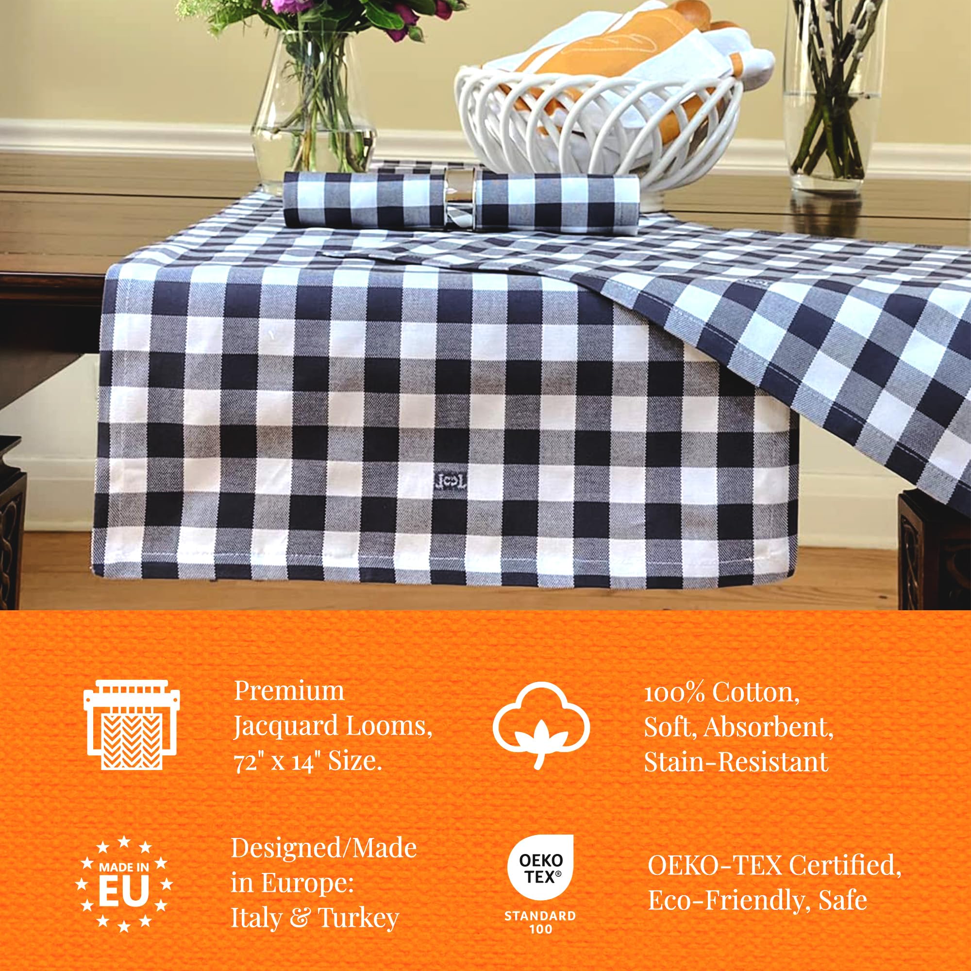 Camino de mesa Ghisallo de Italia encontrado en restaurantes y hoteles europeos, diseño jacquard, 100% algodón, tamaño 72 x 14 pulgadas, durabilidad superior, calidad premium