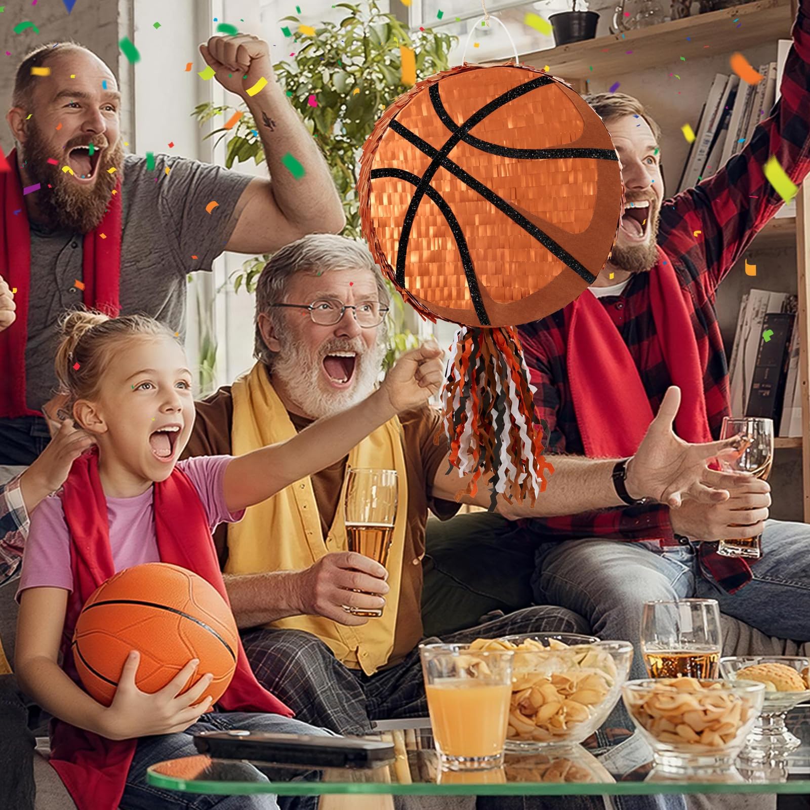 WERNNSAI Piñata de baloncesto – Piñata de baloncesto para decoración de cumpleaños de niños, deporte, pelota de baloncesto, piñata con palo, venda para los ojos, deportista, decoración para fiesta de