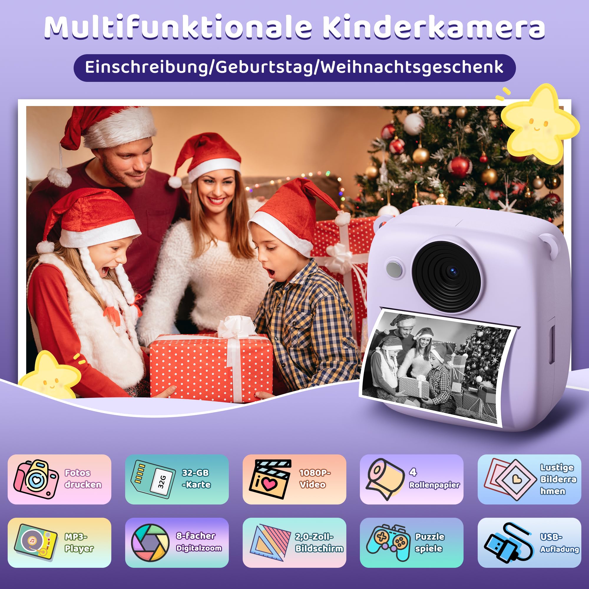 Kamera Sofortbildkamera, Kamera mit Karte & 4 Bände Druckpapier, 48MP Sofortbildkamera mit 1080P Digitalkamera für, Geschenke für Mädchen und Jungen von 3 bis 12 Jahre