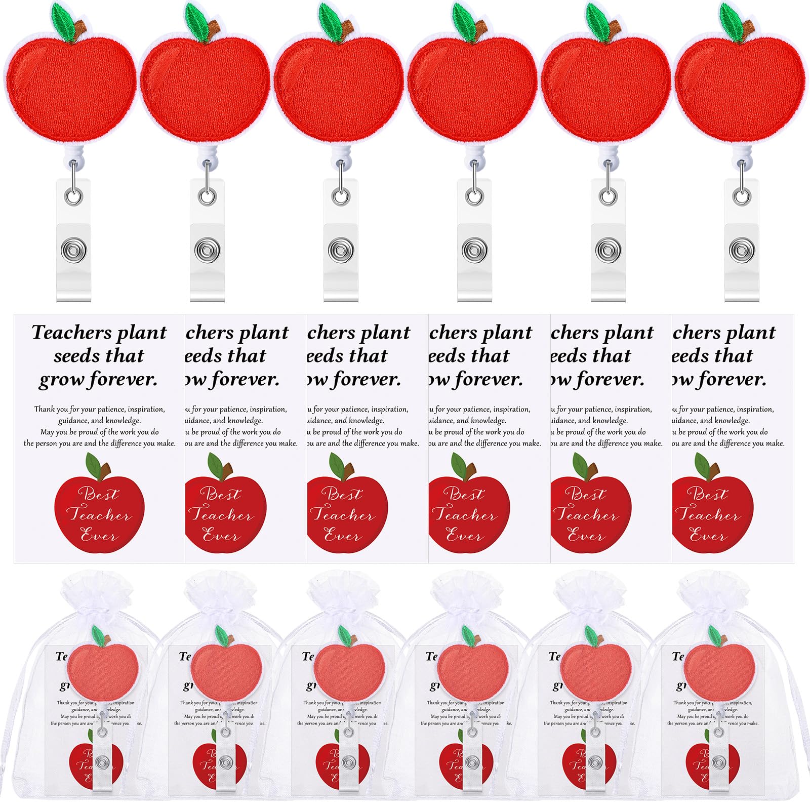 Spakon 6 Sets Apple Teacher Badge Reel Apple Retractable Badge Reel with Alligator Clip Thank You Cards and Bags Back to School Gift for Teacher Women
