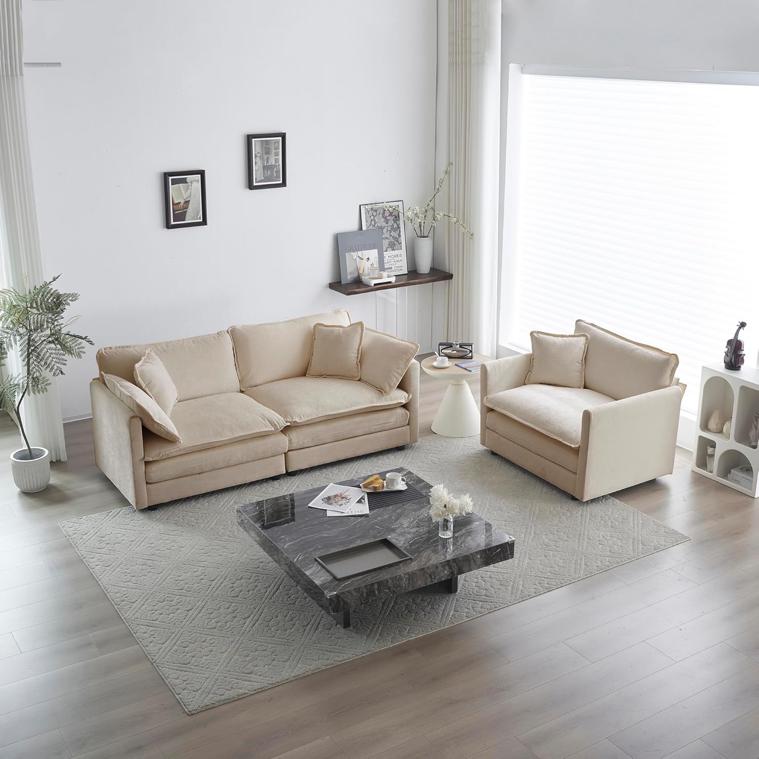 2-Seater Loveseat Sofa and Accent Chair Set,2-Piece Upholstered Chenille Sofa Living Room Couch Furniture, Modern Comfy Soft Sectional Couch for Living Room, Beige