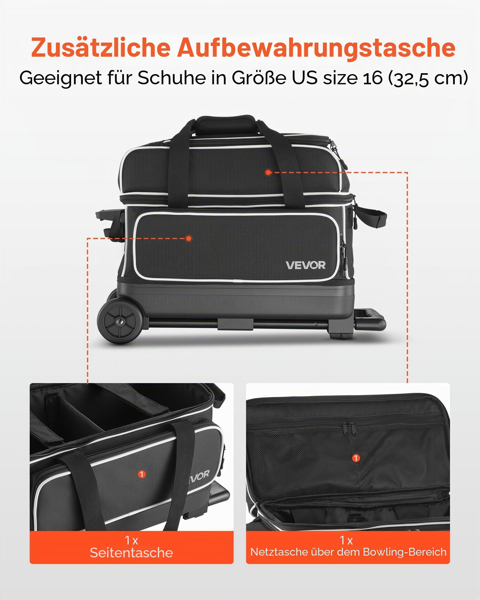 VEVOR Bowlingballtasche für 2 Bälle mit Doppelrollen & separatem Fach für Schuhe (bis US-Größe 16) & übergroßer Zubehörtasche, einziehbarer Griff lässt Sich auf 105 cm ausziehen Schwarz + Weiß