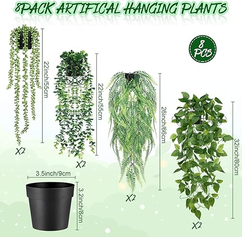 Miniatura 2 de Jexine 8 plantas colgantes artificiales con maceta, plantas falsas en maceta, plantas falsas de plástico, plantas falsas de eucalipto sintético,