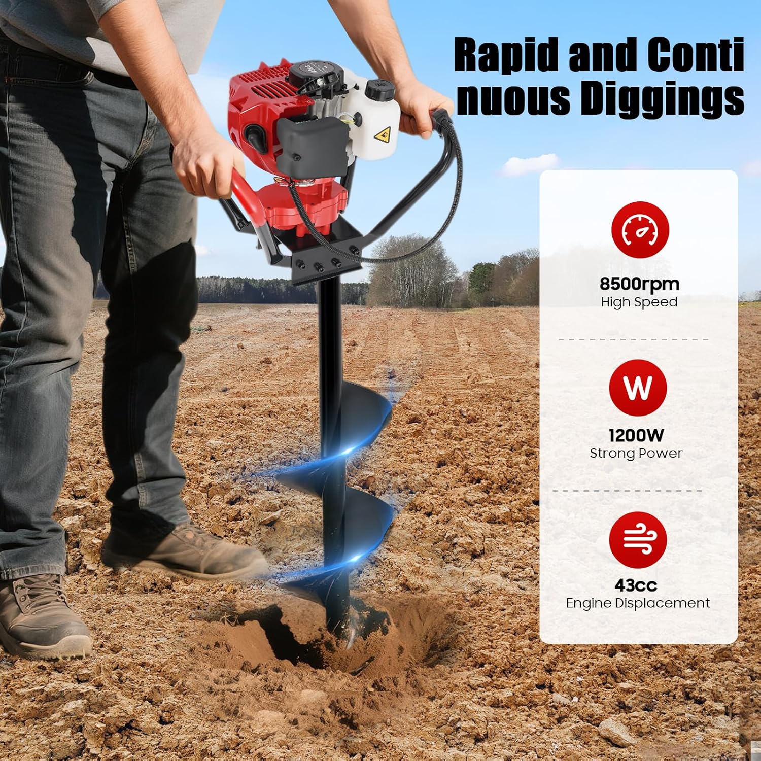 Earth Auger Post Hole Digger 43CC 2-Stroke Gas Powered, Fence Earth Auger with 8Inch Drill Bit, Digging Tool for Farm Gardening Planting