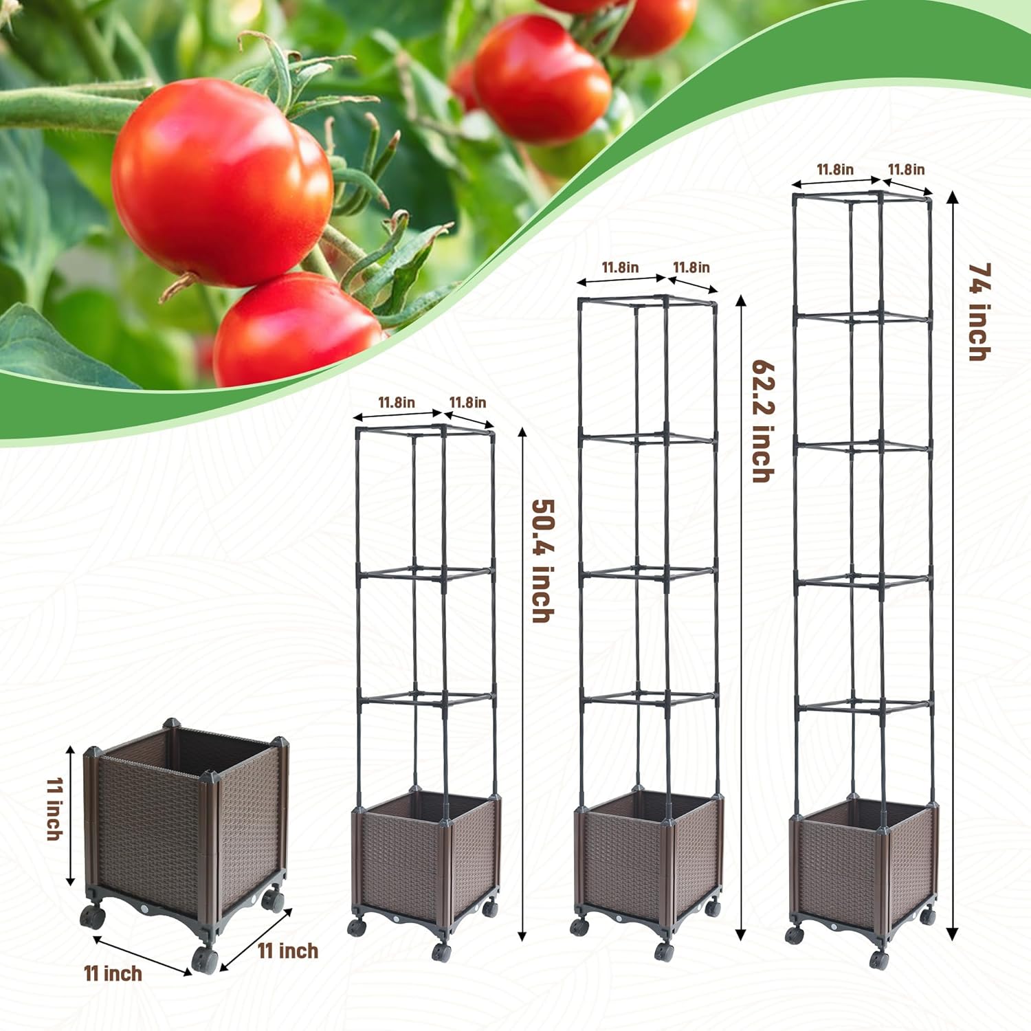 Quibbay Raised Garden Bed Planter Box with Trellis, 62.2" Self-Watering Tomato Planters for Climbing Plants Vine Flowers Outdoor Patio, Tomatoes Cage with Trellis Wheels for Outdoor, 1Pack