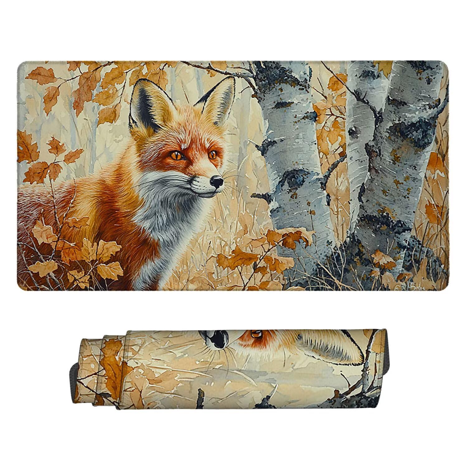 Podkładka pod mysz, 100 x 50 cm, gamingowa podkładka pod mysz z przyszytymi krawędziami, jesienny lis, wydłużona, duża, XXL, podkładka pod mysz gamingową z antypoślizgową gumową podstawą, akcesoria na