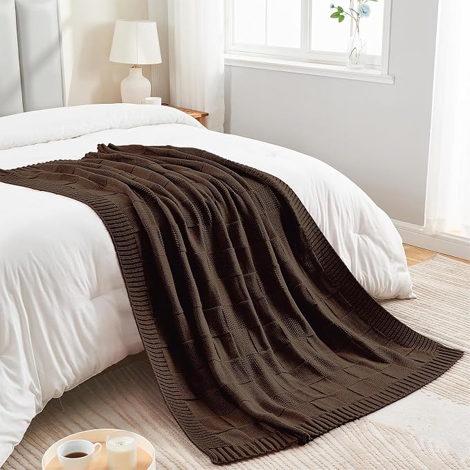 CozeCube Knit Throw Blanket, Brown Checkered Throw Blanket for Couch, Soft Cozy Warm Knitted Throw Blanket for Bed Sofa Living Room, Decorative Spring Fall Throw Blanket 60"X80", Brown
