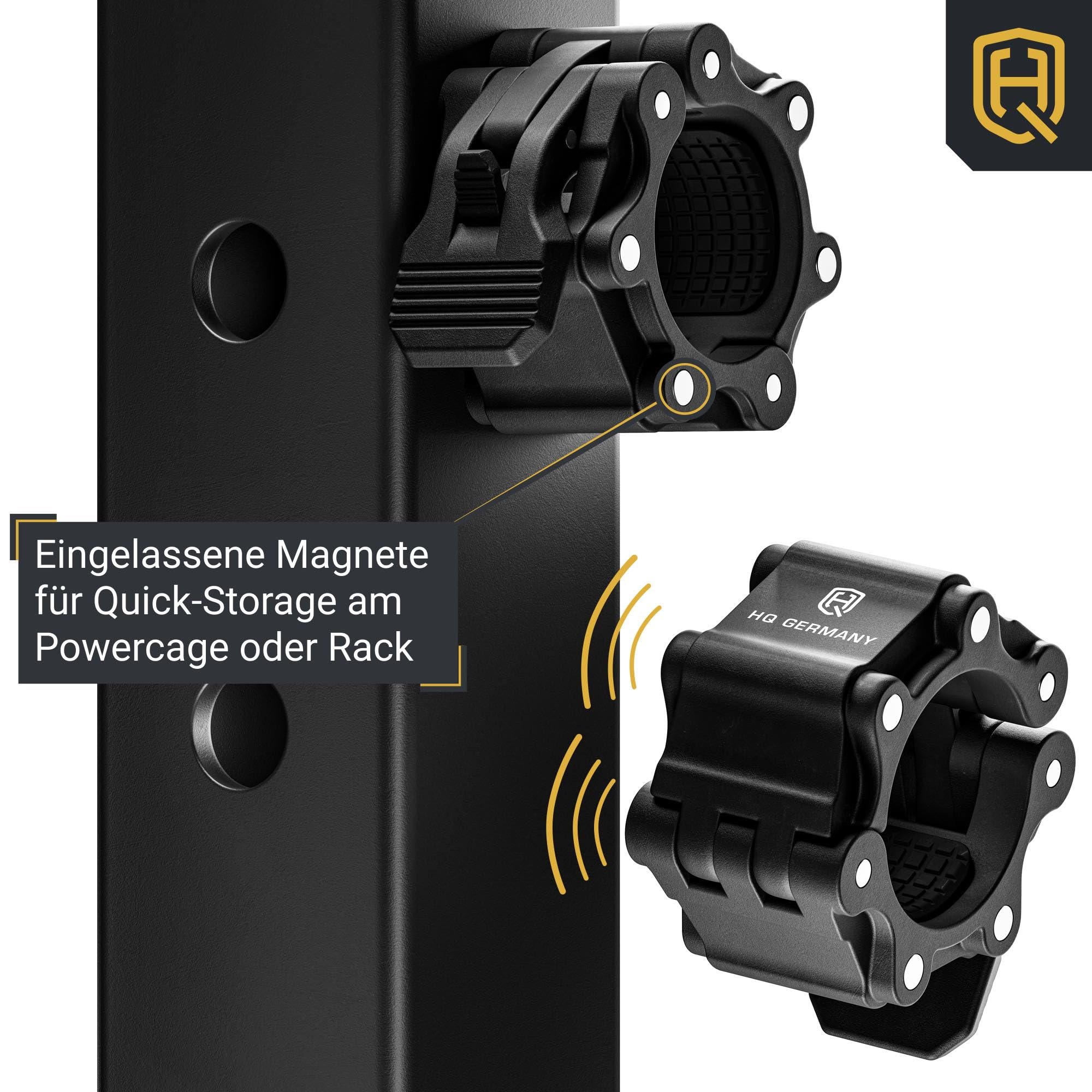 HQ Germany® Hantelverschluss 50mm [magnetisch] - Barbell Collars 2er-Paar | Magnete zum Aufhängen, Gummieinlage mit Wabenstruktur, bombenfester Sitz, Sicherheitsverschluss, Stahlgelenke statt Plastik