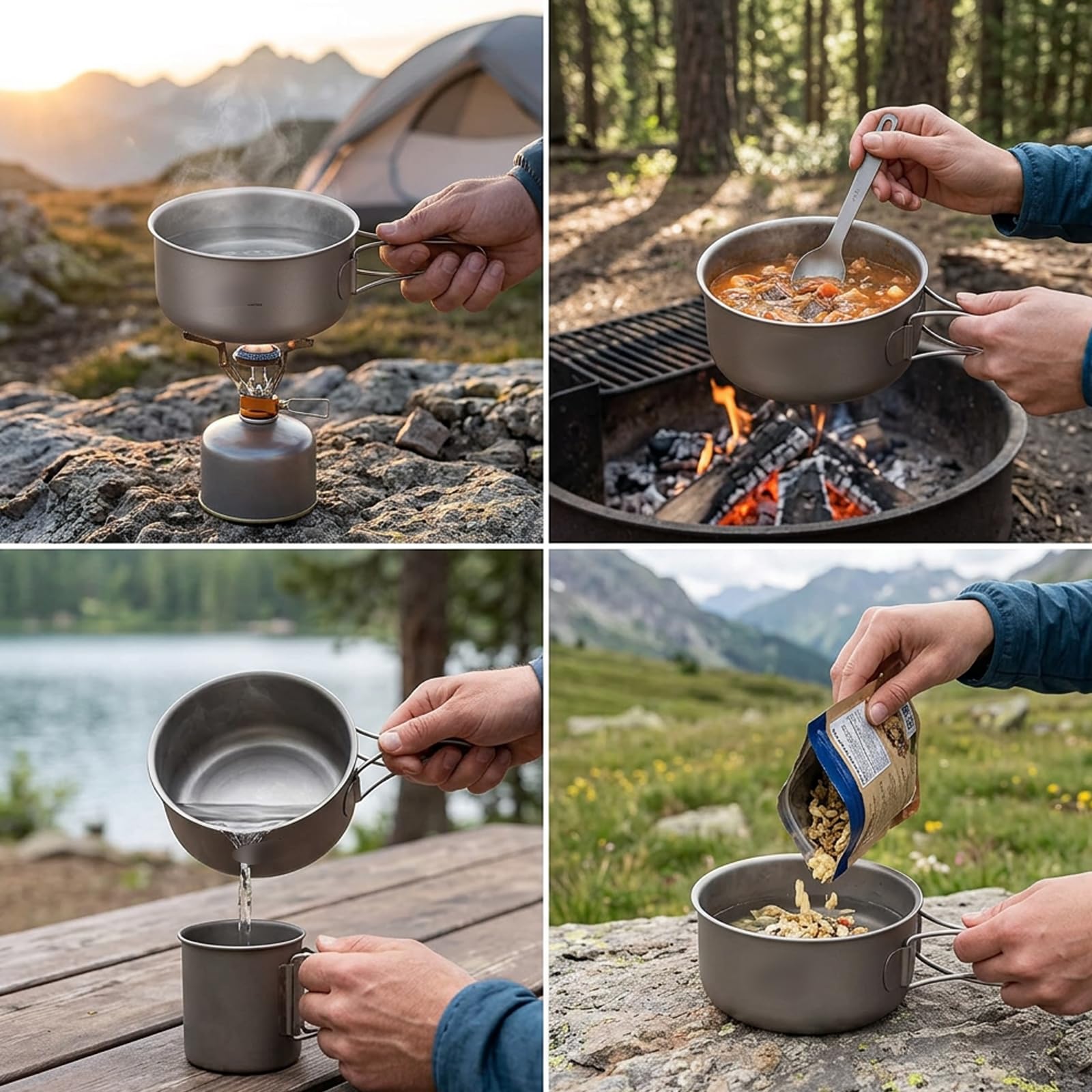 Camping Topf, Ultralight Outdoor-Kochgeschirr für Rucksackreisen, Kompaktes Bushcraft-Kochgeschirr mit faltbaren Griffen, Vielseitige Wärmequellenkompatibilität