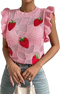 Women's Strawberry Sweater Vests Ruffle Trim Sweater Tank Top Crew Neck Knit Vest - Buy now
