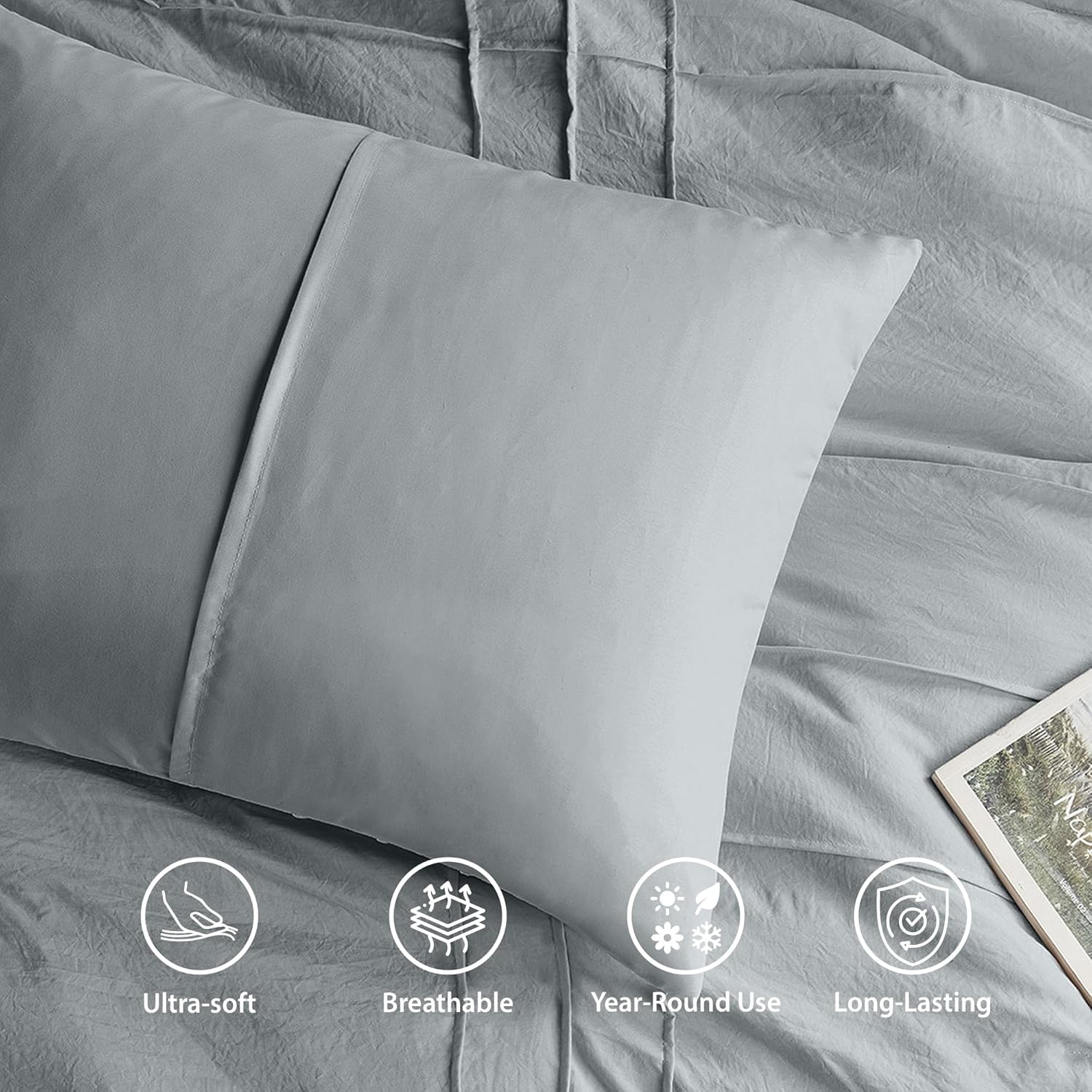 Queen Size Comforter Set Blue Grey, 3 Pieces Bedding Set, Ultra Soft Prewashed Bed Set, Pinch Pleat All Seasons Lightweight Comforter and Shams