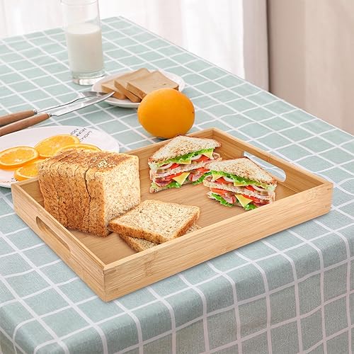 Miniatura 6 de Bandejas de bambú para comer en el sofá, platos de fiesta para servir alimentos, bandeja decorativa para encimera de cocina rectangular (16.5